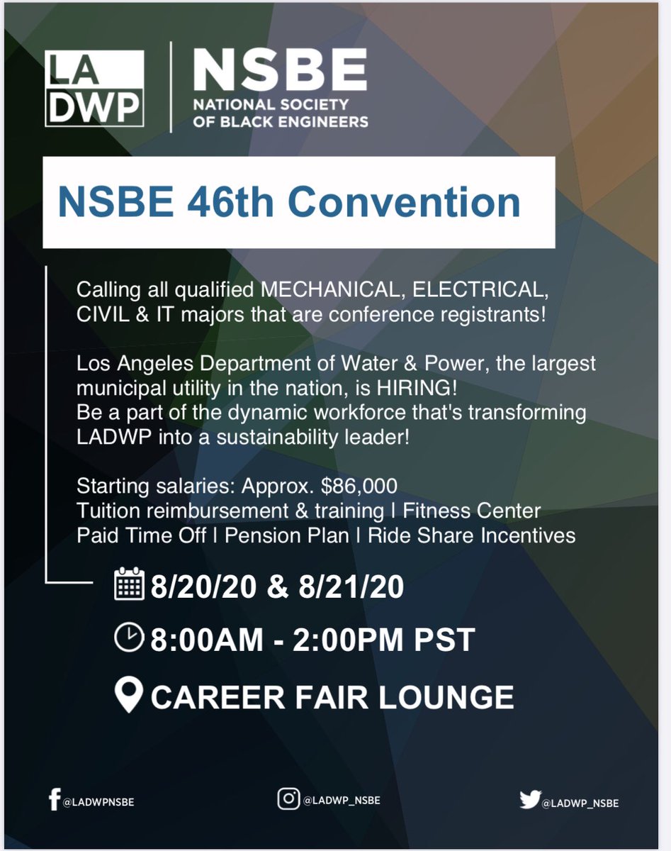 Who’s attending NSBE’s 46 (Virtual) Convention? We will be in the virtual career fair lounge. Meet us there! 🙌🏽💡💦💡👩🏽‍🎓👨🏽‍🎓🤴🏾👸🏽👩🏽‍💼👷🏿‍♂️