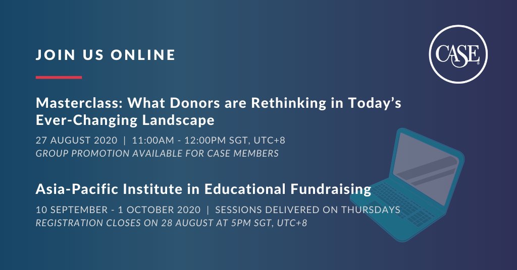 case_asia_pac's tweet photo. Registrations closing soon:
💡Interested in Asian philanthropists' new considerations in & beyond a pandemic world? Join this Masterclass > https://t.co/nC746jCpdv
💡Wish to enhance your core competencies in fundraising? #CASEAPIEF is for you > https://t.co/D0CbrtI08N https://t.co/yMqnmo0dcX