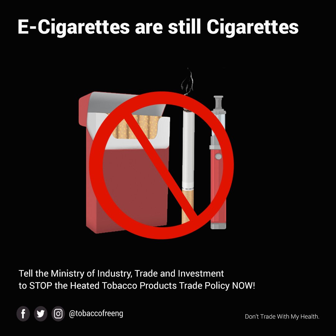 tobaccofreeng's tweet photo. E-cigarettes are just as dangerous as regular cigarettes and can cause tobacco related diseases. They are not safer alternatives!

Tell @TradeInvestNG to stop the Heated Tobacco Products Trade Policy NOW! RT till Honourable @NiyiAdebayo_ sees this.

Don't trade with my health! https://t.co/LJUP8X3BwP