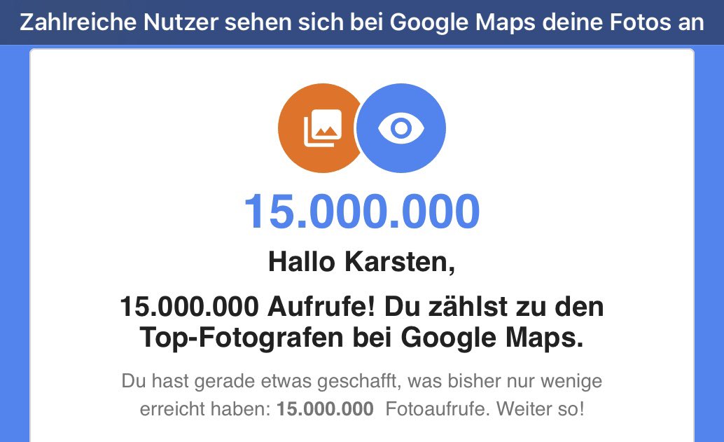 KarstenSocher's tweet photo. 15.000.000 Fotoaufrufe bei #GoogleMaps ... etwas, was laut der Nachricht von #Google selten vorkommt ... da könnte die #Suchmaschine mal Beiträge an die #Künstlersozialversicherung und an #Verwertungsgesellschaft #BildKunst abführen
Mein Portfolio: https://t.co/biqXxFEqa5 https://t.co/Wm9TcMZK7g