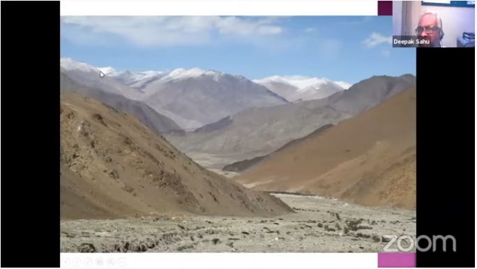 This is a NW looking view of the Nidar valley. The mountain range in the extreme background is the Ladakh granite (Asian plate). Mantle rocks like harzburgites and dunites in the foreground intruded by gabbro (the darker ledges). pic credit: Dr. Raymond Duraiswami