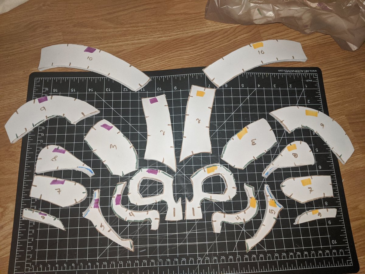 Ok decided to sand out the imperfections in my bevels, do a layout check, label and separate each of the patterns.These are all using the kamui patterns as the base, but I'll be doing a lot of additional detail work. I decided i might as well have a variety of shapes and sizes