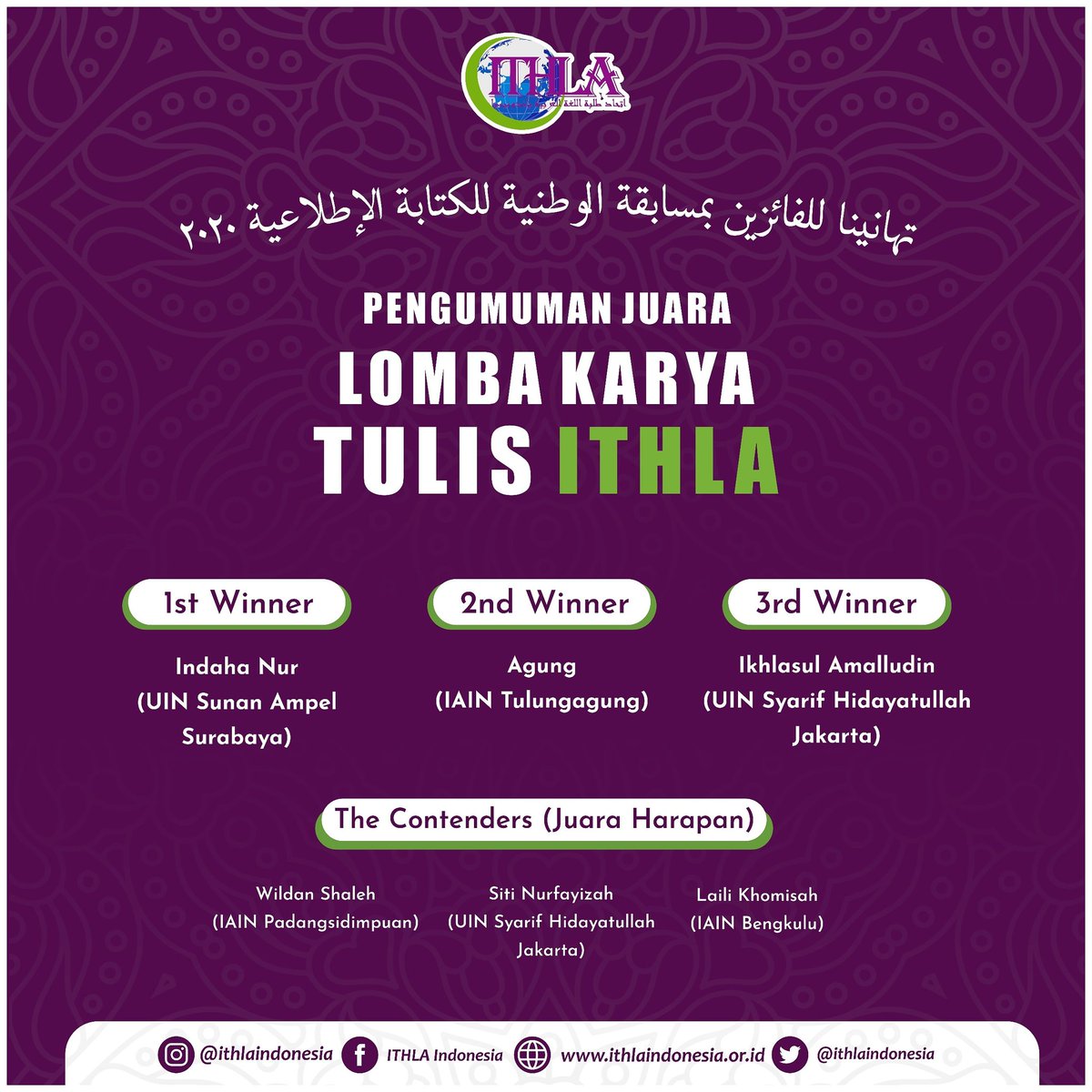 ithlaindonesia's tweet photo. Selamat kepada para Jawara LKTI
#Ithla
#ithlaindonesia
#mahasiswa
#bahasaarab https://t.co/fv6UgH87dq
