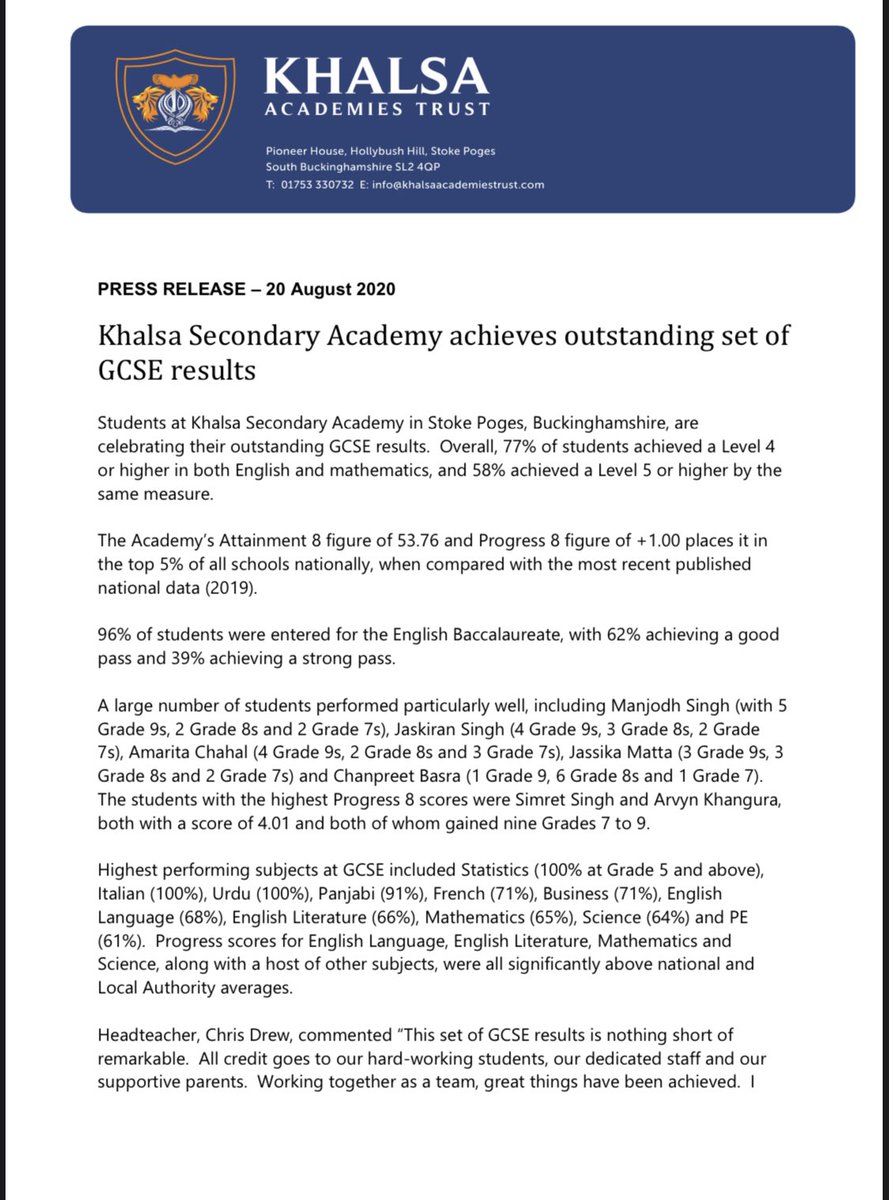 KhalsaSecondary's tweet photo. 1. Congrats to Khalsa Secondary Academy 🥳 
GCSE results in the top 5% nationally!@educationgovuk Please do a U turn on re-brokering us... 
Last weeks A levels and today’s GCSE’S results don’t lie, KAT is the best option. @RSC_NWLSC @BaronessEB @GavinWilliamson @educationgovuk https://t.co/JhDBf2EG14