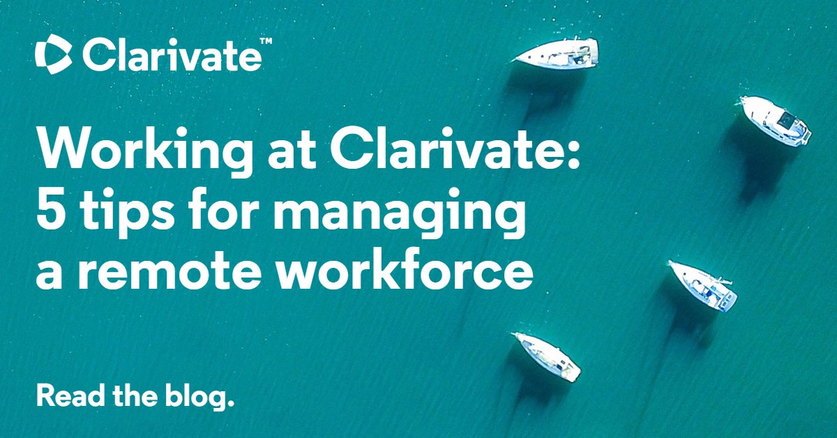 Clarivate's tweet photo. “Setting aside time for a virtual #happyhour has become another way of building closer relationships and #workingbetter together.” Tabita Seagrave, our Senior Director of Global Corporate Comms, shares tips for managing a remote team: https://t.co/nObUzM4zhn #LifeAtClarivate https://t.co/wD9NbhPWUk