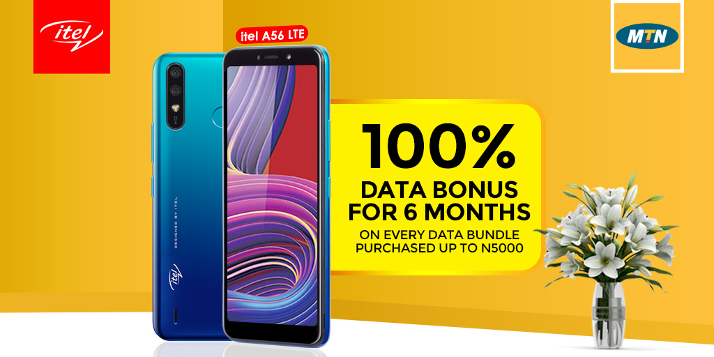 itelNigeria's tweet photo. 100% data bonus from MTN is still up for grabs for the next 6 months. To enjoy this offer, just purchase itel A56 LTE in any phone store around you. 

#itelxMTN
#SmartphoneForEveryone https://t.co/uiCeUoDmsY