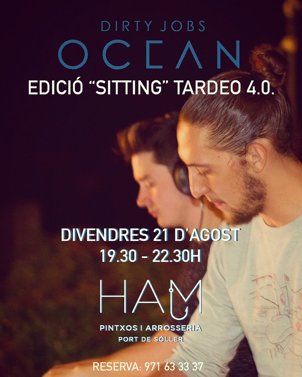 Dirtysoficial's tweet image. 👉Aquest divendres 21 tornam a Ham restaurant 🍤 amb DIRTYJOBS㊗️🙌 OCEAN🌊 Edició “sitting” tardeo 4.0.🌺☮️!
.
.👉Vos esperam amb bona música🎵, pintxos🌮🥘 i beures🍹🍺 a bons preus! No oblideu reservar la vostra taula🌿!.
.
.DIRTYJOBS㊗️🙌.
.
.#dirtyjobs #dirtyjobscrew #liveset