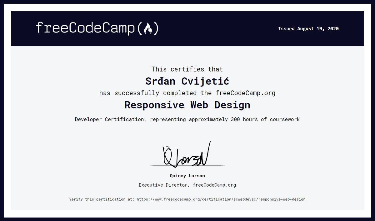 scwebdevsc's tweet image. Completed @freeCodeCamp course:
1. Responsive Web Design
#freeCodeCamp #100DaysOfCode #web #website #webdev #webdeveloper #webdevelopers #webdevelopment #websitedeveloper #websitedevelopment #dev #developer #webdesign #webdesigner #designer #code #coder #coding #programmer