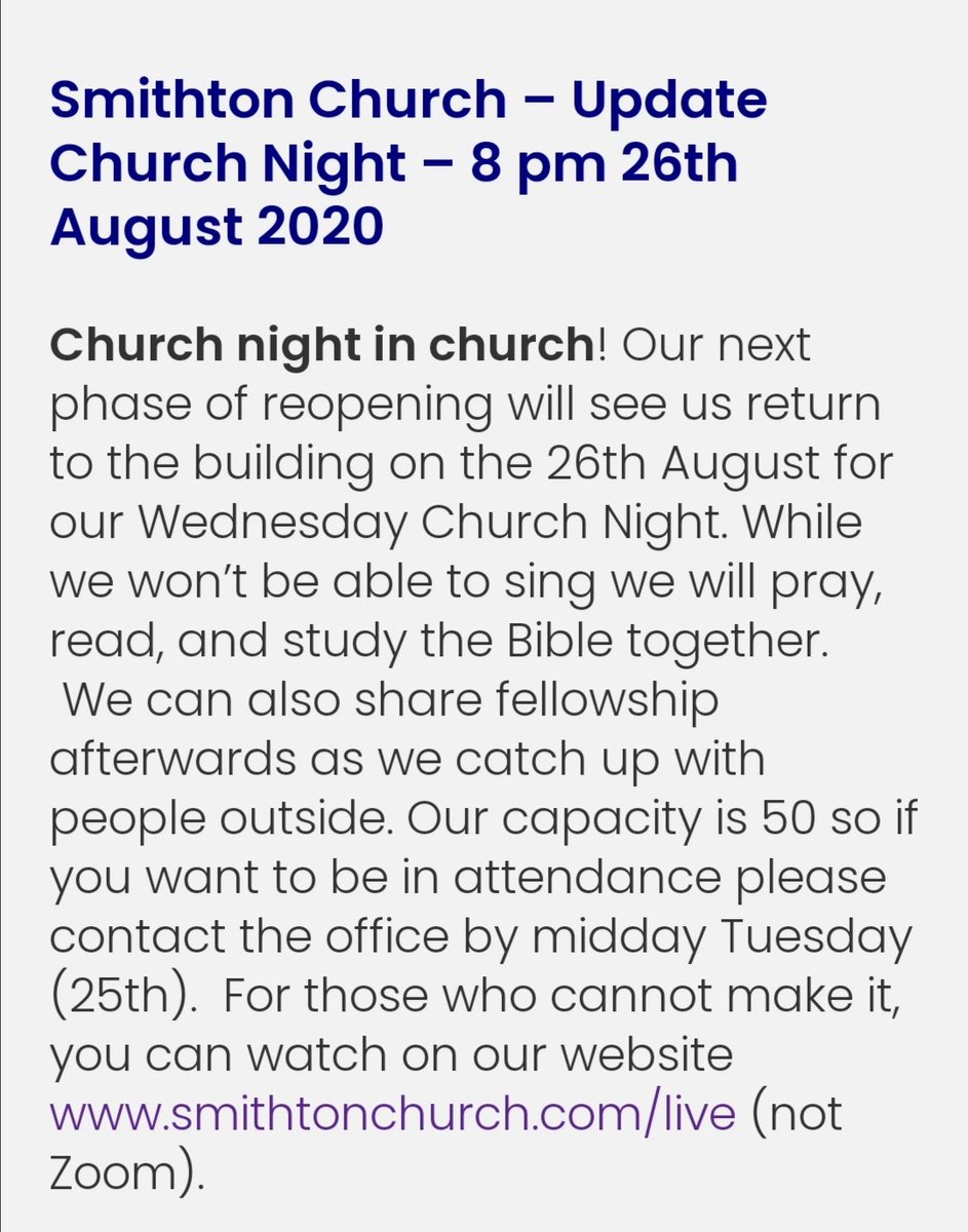 smithtonchurch's tweet image. #reopeningupdate #comejoinus on 26th August for prayer, bible reading &amp;amp; study and fellowship #churchnight #prayermeeting 👇
