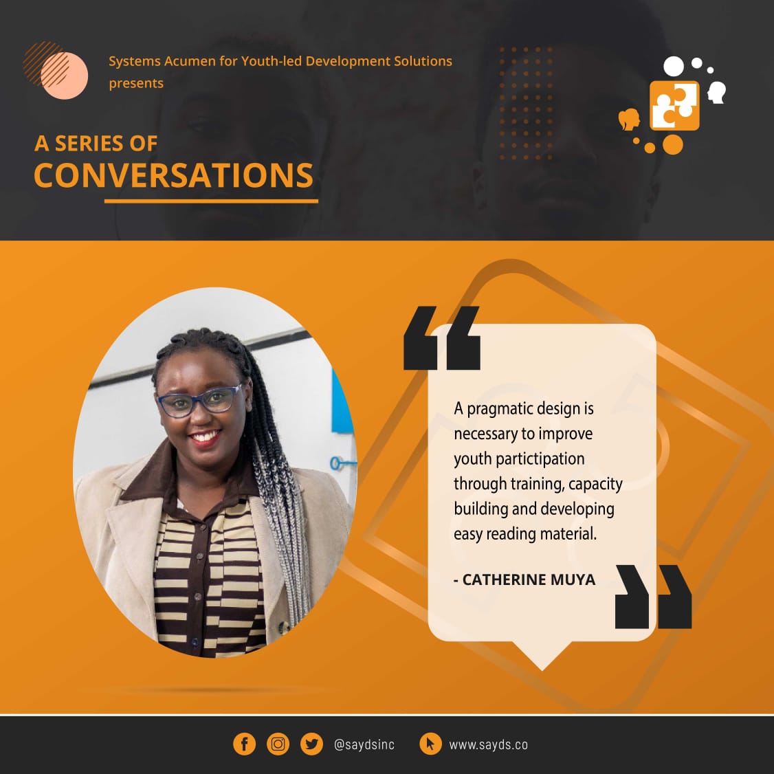 saydsinc's tweet photo. "A pragmatic design is necessary to improve youth partictipation through training, capacity building and developing easy reading material."
- Catherine Muya
#sayds #IYD2020 #youthempowerment #systemsthinking #thoughtleader #civiceducation #ngo #policymakers #Youth4GlobalAction https://t.co/8hlGnTC1Cu