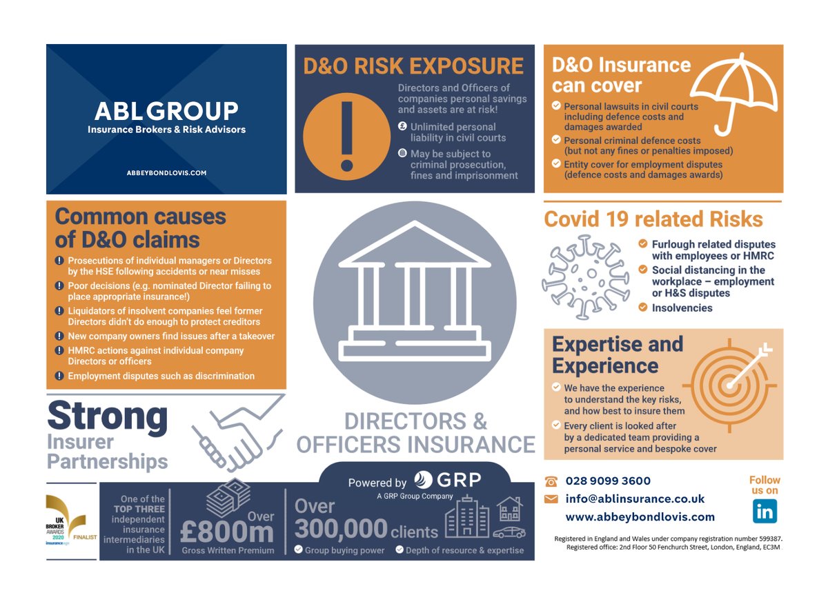 AbbeyBondLovis's tweet image. D &amp;amp; O Insurance offers protection to your Directors and Officers if your business is sued for alleged wrongful acts. Contact ABL today to discuss your company risk and request a quotation.

#DandOInsurance #LiabilityInsurance