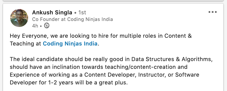  @CodingNinjasIN is hiring on Content & teaching. Apply here:  https://docs.google.com/forms/d/e/1FAIpQLSd67la5Q7MkW8bpei3CXkcg9tjKprGdy5qpYiUAqaQIKwpz8g/viewform