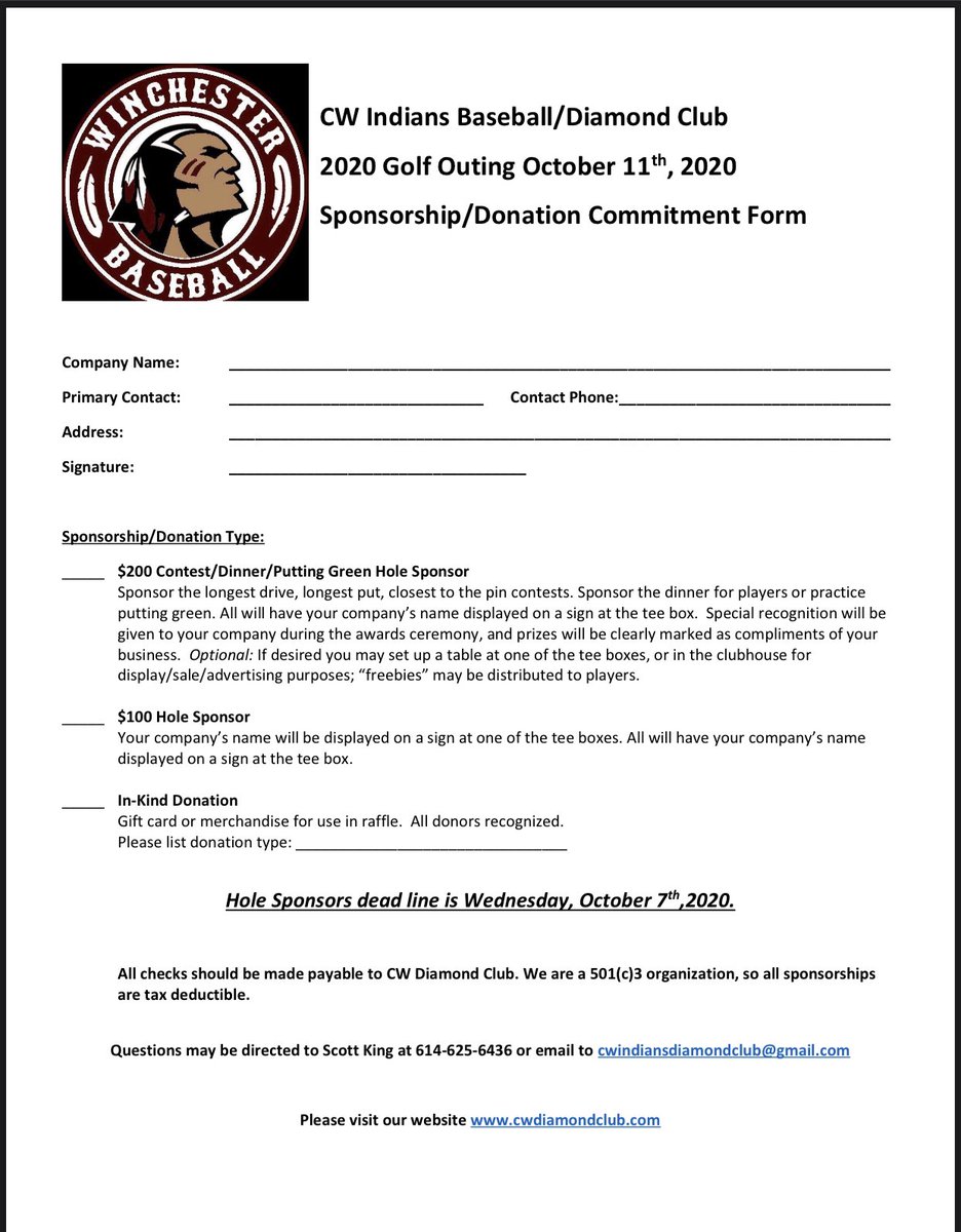 The CW Indians Baseball Teams &amp; CW Diamond Club are proud to announce the 4th Annual Golf Tournment. The tournament will occur Sunday October 11th, 2020 with a shot gun start at 1pm.   Registration begins at 12pm. The event will be held at WestChester Golf Course. #CWWAY #ALLIN
