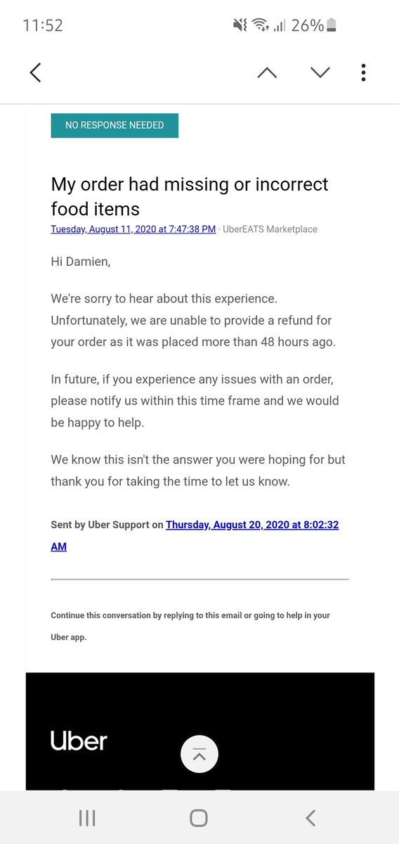 Damien_IT's tweet photo. So @ubereats_uk @UberEats because it took you 9 days to respond I don't get money back for food which didn't arrive? So I'm literally paying for poor customer service? Great. https://t.co/VmVtKC6U21