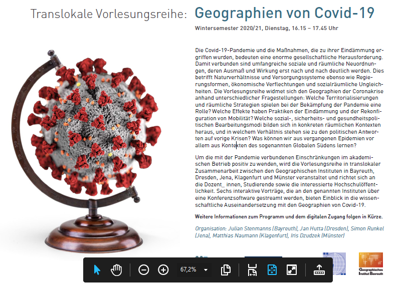 schulgeographie's tweet photo. Vorankündigung: im kommenden Wintersemester findet die translokale Vorlesungsreihe "#Geographien von #Covid-19" an den Geographischen Instituten der @unibt, @tudresden_de, @alpenadriauni, @UniJena und der @WWU_Muenster statt. https://t.co/5RJ8IzxVzD