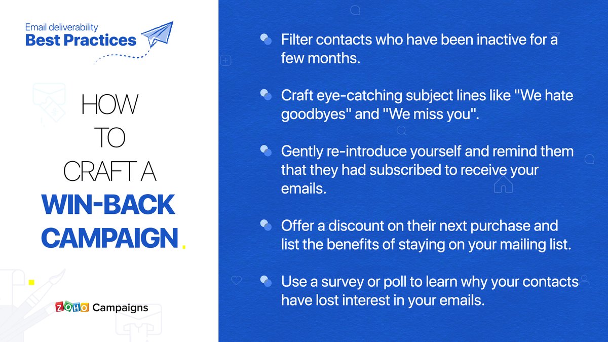 ZohoCampaigns's tweet photo. If you're looking out for ways to craft the perfect win-back campaign, it's time to #LearnWithUs. Today's post from our #DeliverabilityTips series offers best practices for crafting an engaging win-back campaign. https://t.co/KACvy2eRwl