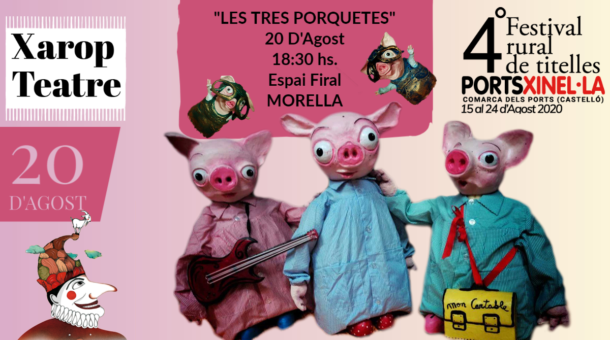 Portsxinella's tweet photo. Hui estarem compartint un dia més de #festival @Portsxinella amb @XaropTeatre i el seu espectacle "LES TRES PORQUETES" a #Morella . Per a divertir-nos i riure junts. Perquè #laculturaessegura
20 d'Agost
18.30 hs.
Espai Firal- MORELLA
#festivalenvivo #titelles #teatre https://t.co/a20C9HY2Mr