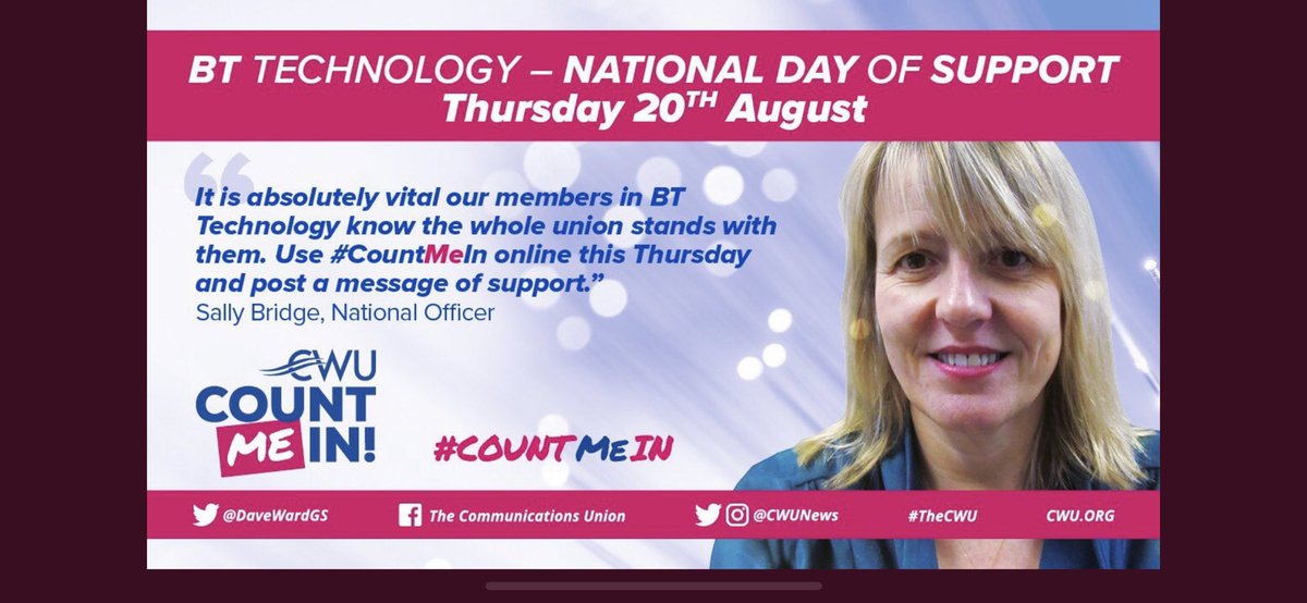 TraceyFussey's tweet photo. Today is @CWUnews national day of support for our members in BT Technology. Lets’s be clear @BTGroup - if you do not step back from your attacks on our members jobs then there will undoubtedly be a national industrial action ballot next! #CountMeIn 🙋🏼♀️🙋🏻♂️ #ChangeYourDirection https://t.co/wBoep5FCTl
