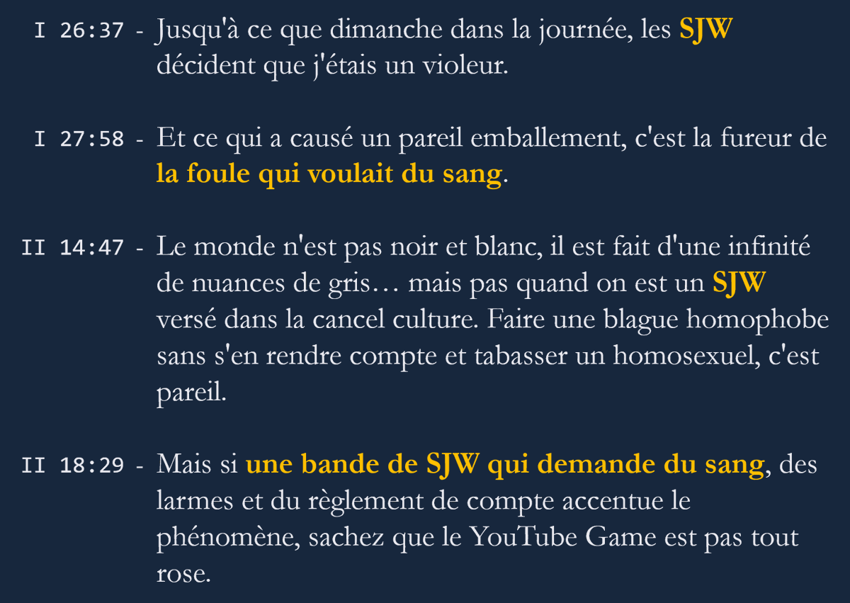 Mais à part ça, de quelle “cancel culture” parle AG ? Malheureusement, il ne donne aucune définition claire du concept. On peut néanmoins dégager deux caractéristiques :• Une “folie des foules” / mob mentality (il parle de “foule qui veut du sang”),• De gauche (“les SJW”).