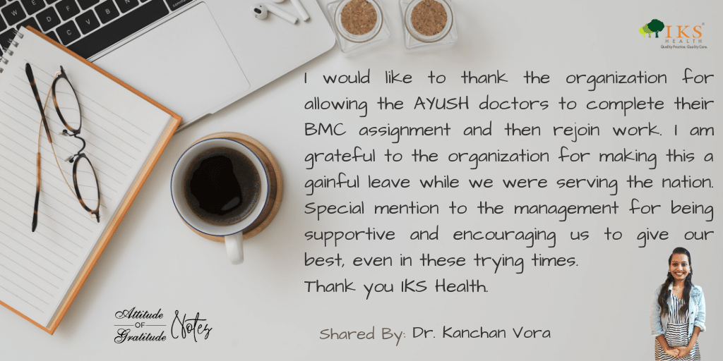IKSHealth's tweet photo. Dr. Kanchan Vora is thankful to the organization for their thoughtfulness of the #IKSHealth management team in relieving the Doctors on officially designated leaves, while they were saving lives during the existing COVID medical relief situation.
#AttitudeofGratitude #AOGNotes https://t.co/EcIAmaECJp