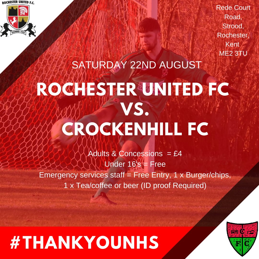 Rochesterutdfc's tweet photo. This Saturday we welcome fans back to Rede Court 🚨

Maximum capacity - 150 spectators (first come first serve basis) following FA guidelines. 

🆚 Crockenhill
📍 Rede Court Road, ME2 3TU 
⏰ 15:00 KO
🗓️ 22/08/20

Up the Spartans!!🔴⚫

#ThanksHealthHeroes #TheFansAreBack https://t.co/mlZDfdMDTa