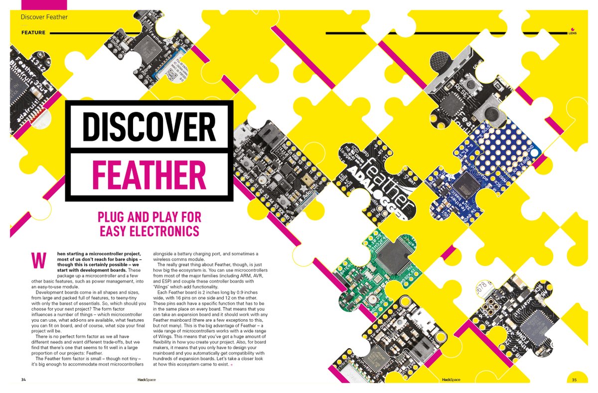 HackSpaceMag's tweet photo. New issue Alert! This month we discover the Feather ecosystem for easily linking microcontrollers and expansions. We also chat with @XRobotsUK about building a robots, find the best @Raspberry_Pi zero addons and more. Buy in print or download for free from https://t.co/tLJEIVv4pb https://t.co/JXvflEyugt