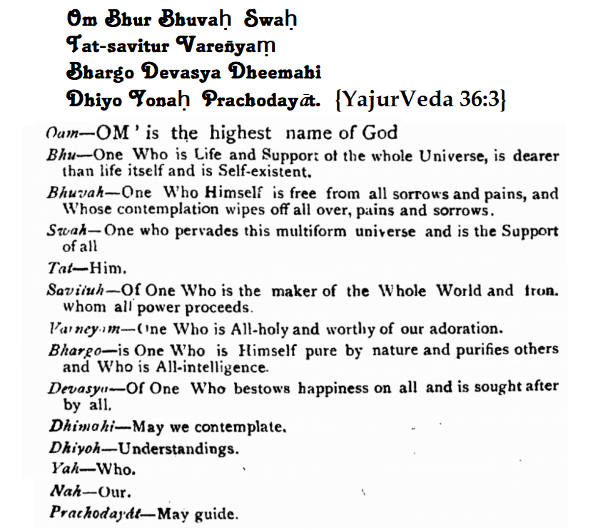 परमात्मा की स्तुति गायत्री मन्त्र से करनी चाहिए। अर्थ सहित मन में जप करके करनी चाहिए।गायत्री मन्त्र का हर शब्द के अर्थ नीचे अंग्रेजी और हिंदी में दिया है। #ThursdayThoughts