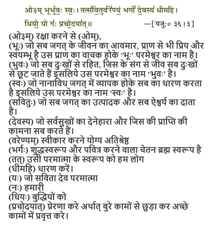 परमात्मा की स्तुति गायत्री मन्त्र से करनी चाहिए। अर्थ सहित मन में जप करके करनी चाहिए।गायत्री मन्त्र का हर शब्द के अर्थ नीचे अंग्रेजी और हिंदी में दिया है। #ThursdayThoughts