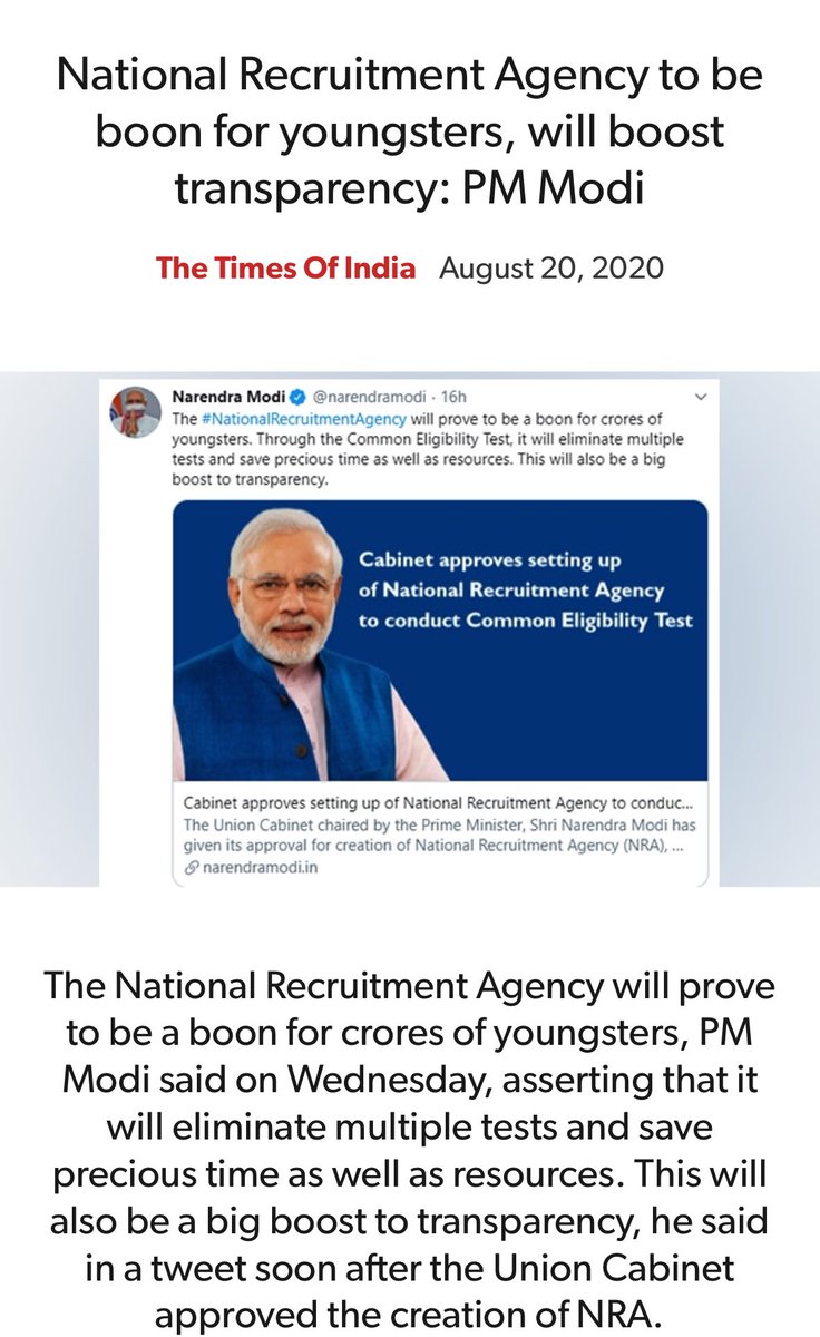 PMOIndia's tweet photo. National Recruitment Agency to be boon for youngsters, will boost transparency: PM ⁦@narendramodi⁩
https://t.co/52b6nPqWOq

via NaMo App https://t.co/LJ6V7wJbZR