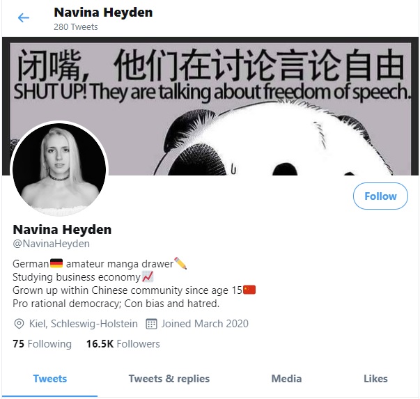 Analysis of the account  @NavinaHeyden. Compelling evidence of it being a Chinese state-funded propaganda account. She gained 16.5k followers in 5 months, 280 tweets. German girl with Chinese husband Yuming Feng. The highly unusual nature of the account is explored in this thread: