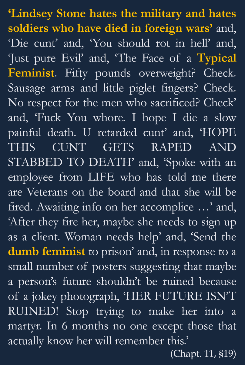 Par ailleurs, en symétrie du cas de Just*ne S*cco présenté par AG, l'ouvrage de Jon Ronson présente aussi le cas de L*ndsey St*ne, s'étant prise en 2012 une shitstorm similaire plutôt “de droite” pour cette photo. (Renvoi du job idéal, 1 an de dépression, …)[TW sur les images]