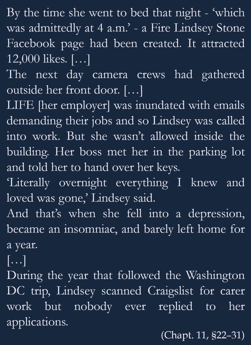 Par ailleurs, en symétrie du cas de Just*ne S*cco présenté par AG, l'ouvrage de Jon Ronson présente aussi le cas de L*ndsey St*ne, s'étant prise en 2012 une shitstorm similaire plutôt “de droite” pour cette photo. (Renvoi du job idéal, 1 an de dépression, …)[TW sur les images]