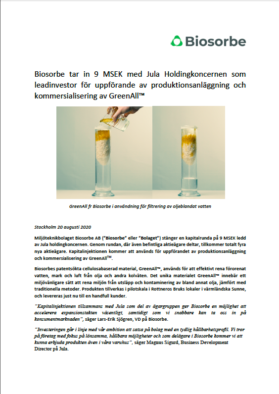 nbeab's tweet photo. Biosorbe tar in 9 MSEK med Jula Holdingkoncernen som
leadinvestor för uppförande av produktionsanläggning och
kommersialisering av GreenAll™ @JulaChannel https://t.co/m2G8tJtROI