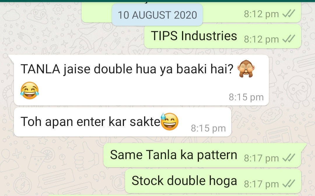 Stock name - TIPS Industries Ltd. ( #TIPSIndustries)CMP - INR 203.10Chart pattern - 18.5 years long horizontal breakout @ 183 (will be confirmed on monthly closing above this level) Target - INR 366Stop loss - INR 155 (WCB)  https://twitter.com/SForStiletto/status/1293571047925534721