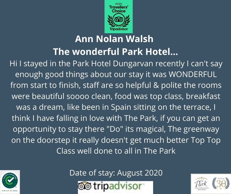 🌟🌟🌟WE THANK YOU🌟🌟🌟 for these great reviews. 
 
#parkhoteldungarvan #newnormal #tripadvisor #waterfordgreenway #letourfamilylookafteryours #flynnhotels #tripadvisorthursday #covid19 #inthistogether #review #makeabreakforit Tripadvisor