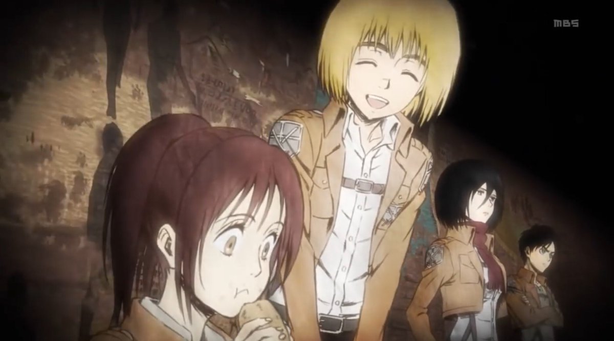 In ed 2, we can see annie, reiner, bertholdt, ymir & historia on the other side of the wall opposite to the others. A foreshadowing that these are the members of the 104th cadets that have something to hide and aren’t living the actual truth.