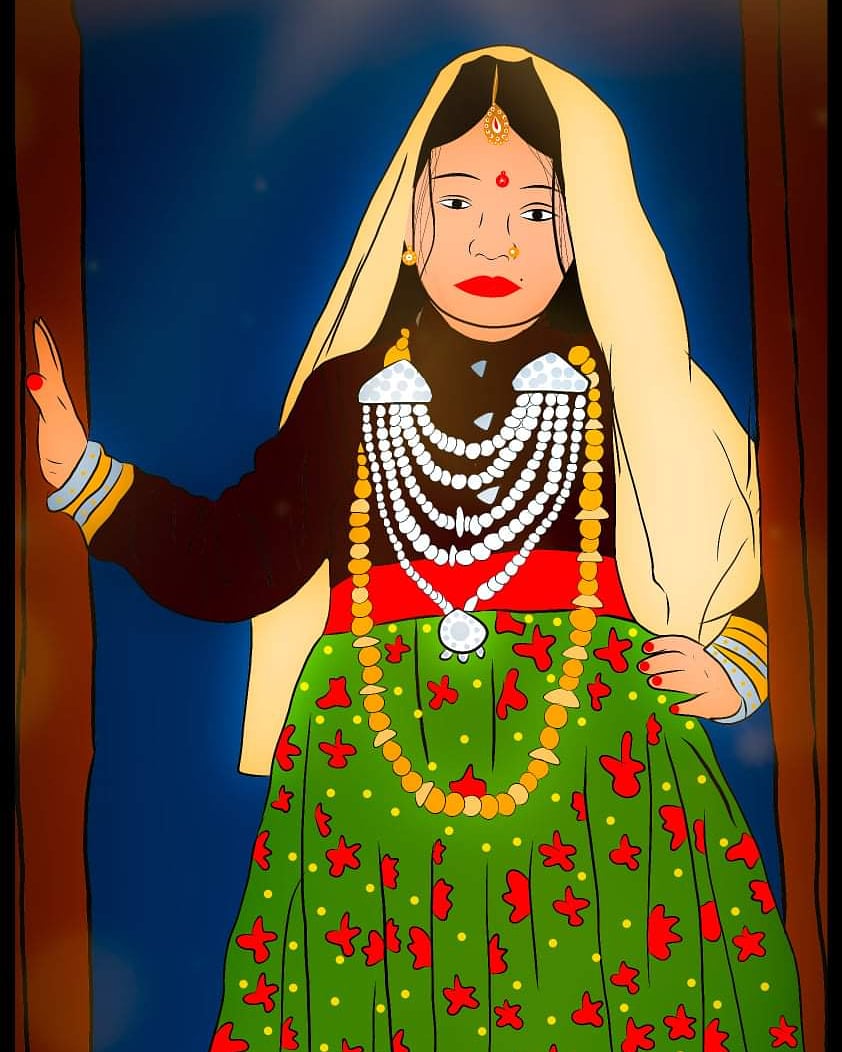 Can you identify which region's attire is this?
.
Artwork by Sneha Bisht
.
#uttarakhand #garhwal #kumaon https://t.co/ozWgmk7iip