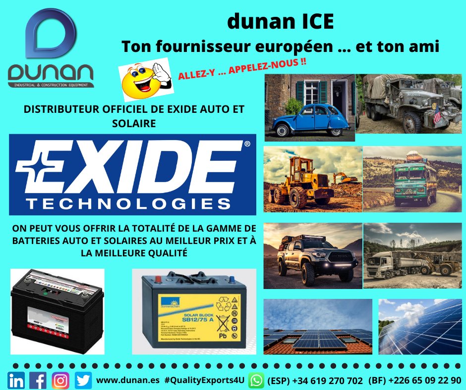 #qualityexports4u #fournisseureuropeen #tonami
#distributeurofficiel #batteries #batteriesexide #exide #exideauto #exidesolar
dunan.es