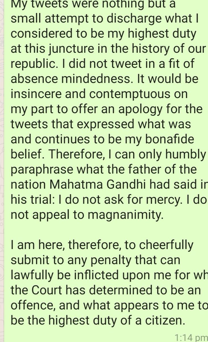 BDUTT's tweet photo. In Supreme Court @pbhushan1 says his tweets reflected "highest duty" and he will "cheerfully submit" to any punishment #PrashantBhushan #contemptofcourt https://t.co/CirQfnwaGi
