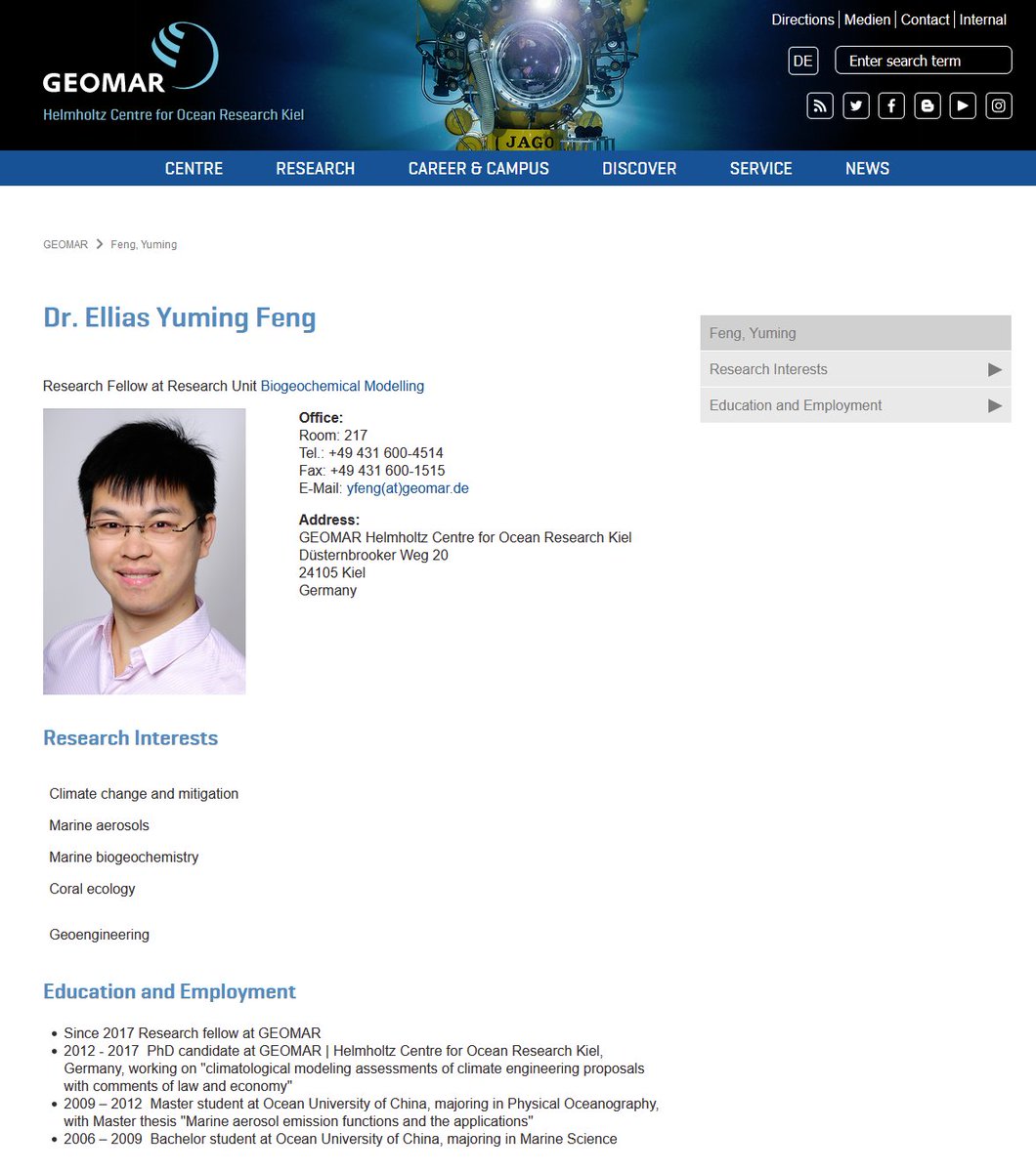  @NavinaHeyden's husband, Ellias Yuming Feng. Chinese National. His father was in the PLA. Yuming was a researcher at GEOMAR in Kiel. A ghost since register 10 years ago, 4 posts 2014 and 1 in 2017, all science oriented. then vacuum. On 5.6.20 he started posting CCP propaganda.
