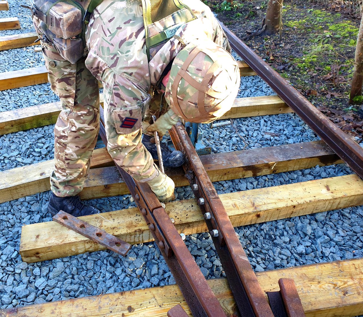 One of our @Proud_Sappers platelayers tightening bolts on closure rails on a narrow gauge S&C earlier this year at Southwold. 
#platelayer #507stre #royalengineers #exturnout20 #armyreserve #fr30 #wholeforce