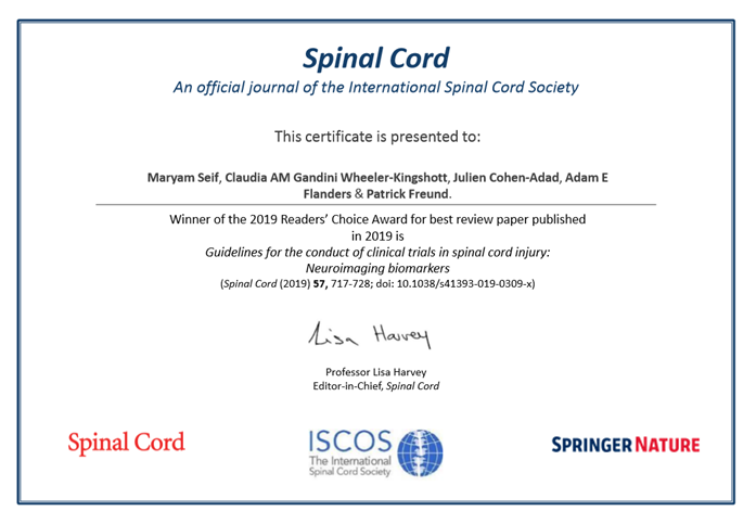derbalgrist's tweet photo. 👏Readers Choice Award👏
Maryam Seif, Patrick Freund and the team from the Spinal Cord Injury Center were honored with the Readers Choice Award for the best review paper published in 2019. @SpringerNature 
#Balgrist
#ResearchMatters

↘️Read the article
https://t.co/8NlythX2us https://t.co/UfAqwYmE9L