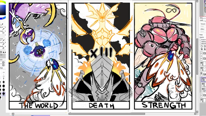 [ WIP Ultra Beast Tarot Cards ] 

Gotta go back to focus on commissions but I at least wanted to try to refine a couple of these :"U 
