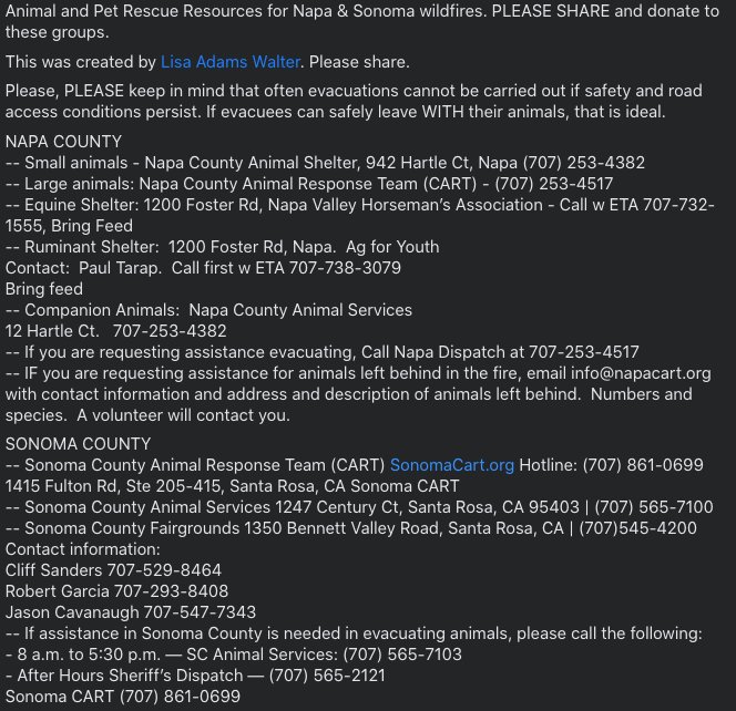   #LNULightningComplex  #Animals  #NapaCounty &  #SonomaCounty Contacts for shelter &  #evacuation assistance for  #pets  #horses &  #livestock ID YOUR ANIMALS BEFORE AN EVAC ORDER COMES!!! TAKE A PIC OF YOU W/ YOUR ANIMALLOAD GO KITS AHEAD OF TIME #DAT  #BayArea  #California