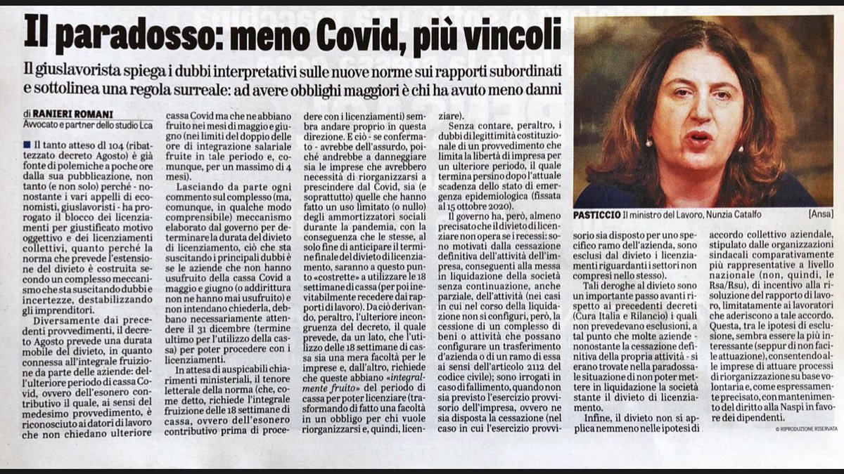 Il paradosso del #DecretoAgosto: chi non ha utilizzato la cassa durante la pandemia rischia di essere tra gli ultimi a poter licenziare. Mio articolo su <a href="/LaVeritaWeb/">La Verità</a> di oggi
