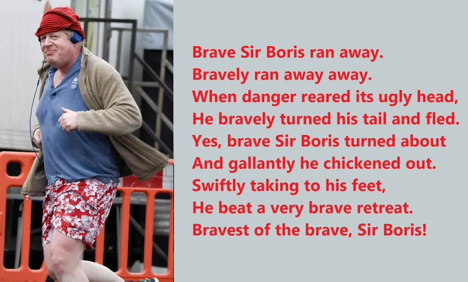 Cornwall4EU's tweet photo. Where's Boris? He's done what he's always done in a crisis.

Run away.

#wheresBoris #cowards #liars #crooks #r4today https://t.co/UWaXXh7Ajv