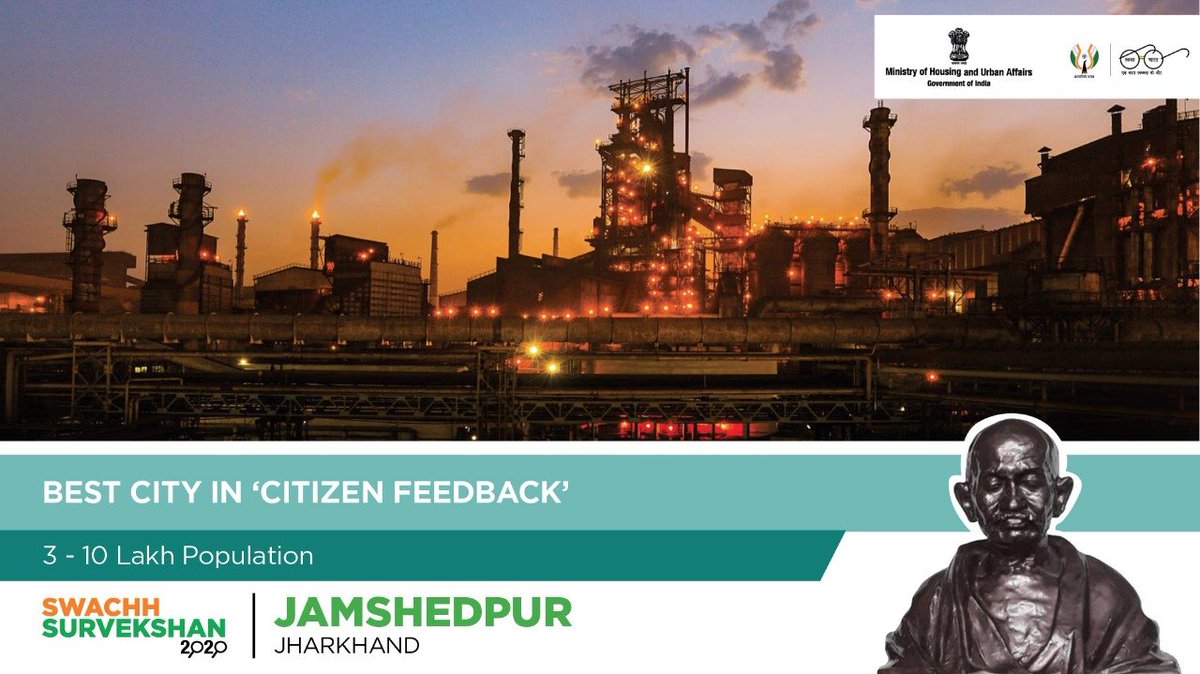 SwachhBharatGov's tweet photo. We congratulate Jamshedpur from Jharkhand for being awarded the 1st place in the “Best City in 'Citizens Feedback' ( Population between 3L- 10L) ” category.

#MyCleanIndia #SwachhMahotsav #SwachhSurvekshan2020 https://t.co/Vhz1bKeq1j