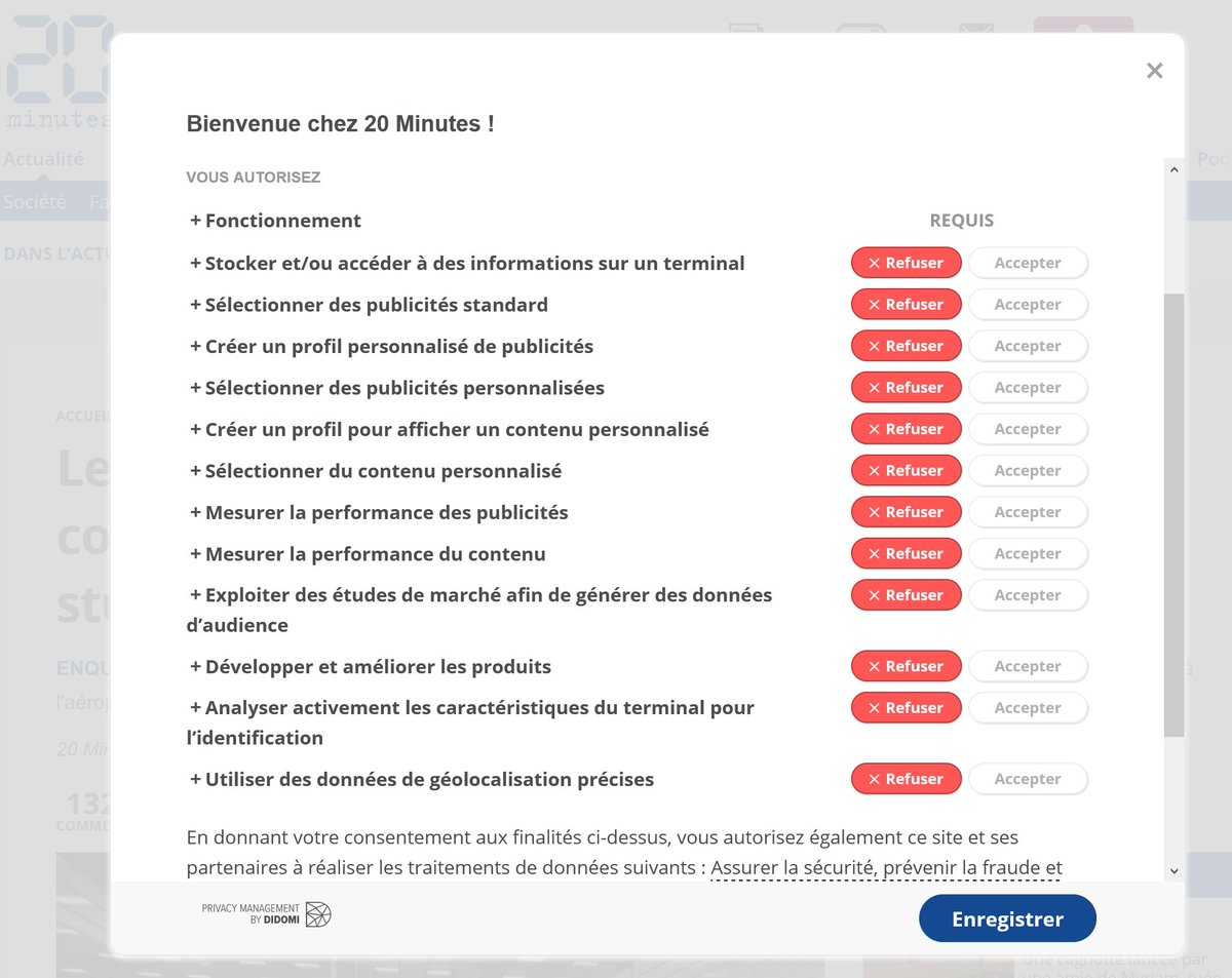 Sur le site de <a href="/20Minutes/">20 Minutes</a> il faut 13 clics pour refuser d'être traqué. Aucun bouton "refuser tout". #RGPD