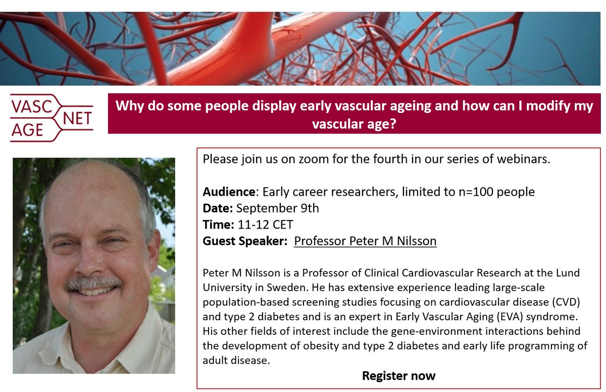 Sign up now for Webinar 4 “Why do some people display early #vascular #ageing and how can I modify my vascular age?” With guest speaker Professor Peter Nilsson. September 9th, 11-12 CET. us02web.zoom.us/webinar/regist…