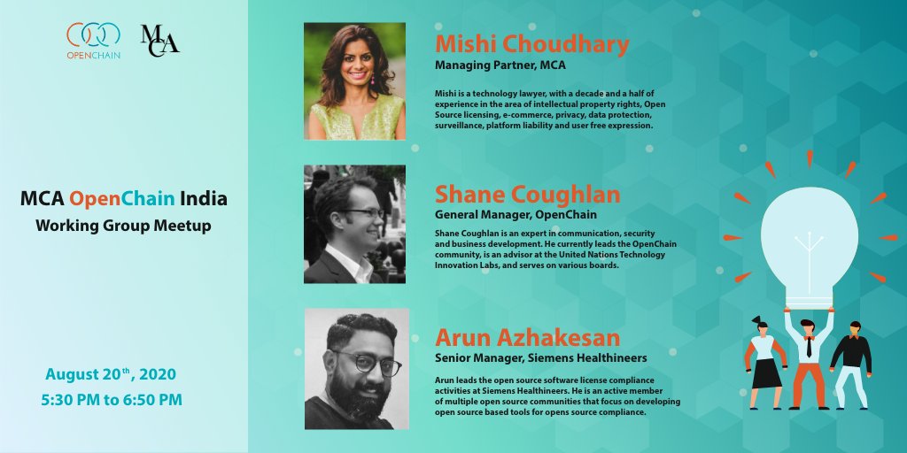 mcalawfirm's tweet photo. Join us today for a discussion on Open Source Compliance and services being  provided by the @openchainproj  at the 2020 #OpenChainIndia working group meetup with @MishiChoudhary, @opendawn, and @arunazhakesan. 
 #event #OpenChain #foss #OpenSource https://t.co/XpFYOUfwNy